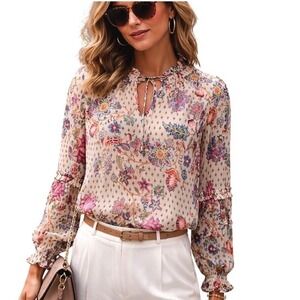 LOFT Women's Floral Print Long‎ Sleeve Semi-Sheer Ruffle Split Neck Blouse Sz MP